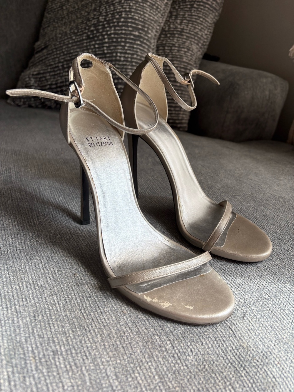 Stuart Weitzman Metallic Open-Toe Ankle-Strap Stilettos
